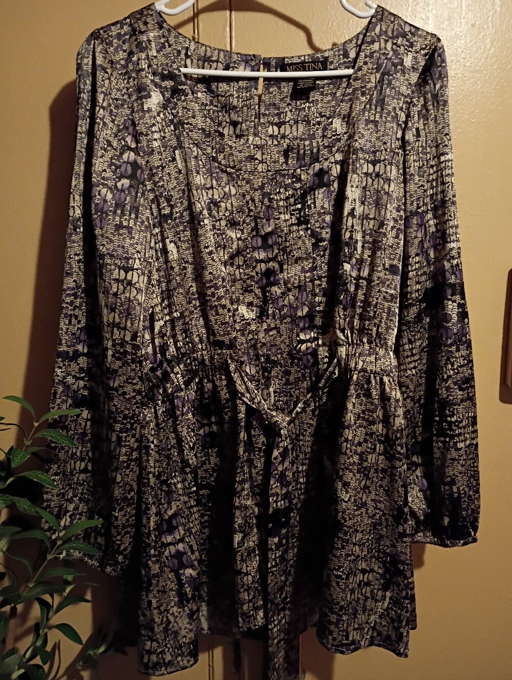 Miss Tina Olive and Black Printed Long-Sleeve Blouse